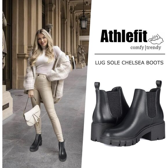 Women's Black Chelsea Boots Fashion Lug Sole Chunky Heel Slip on Elastic Ankle - Picture 2 of 6